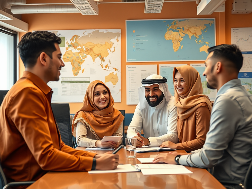 A group of professionals in a meeting, smiling and discussing, with maps on the wall in the background.