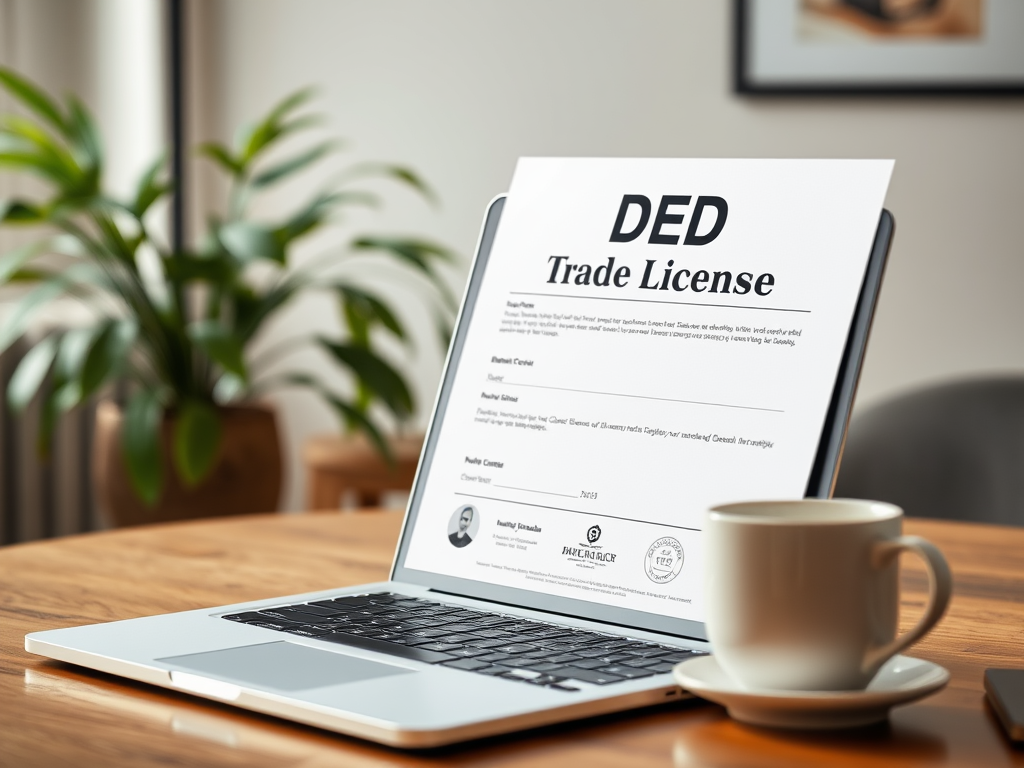 A laptop displays a DED trade license document, alongside a small cup of coffee and green plants in the background.