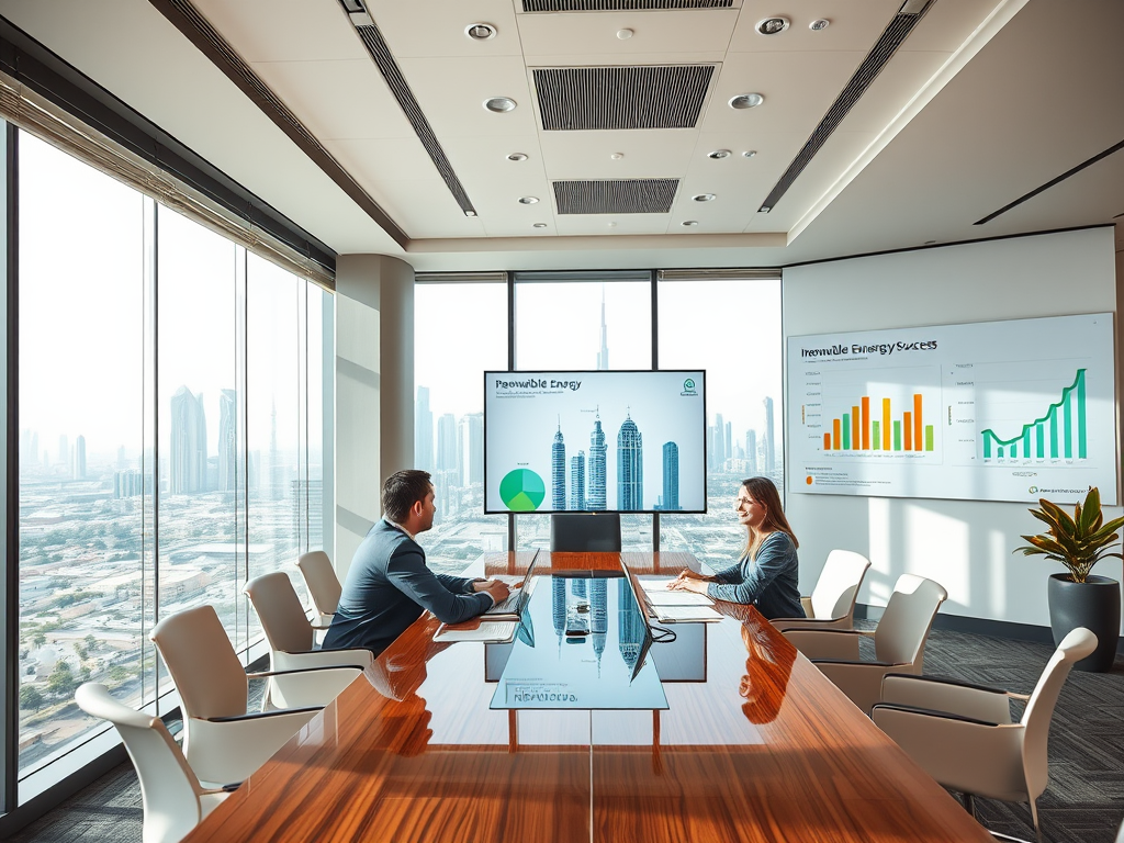 A meeting in a modern office with a city view, discussing renewable energy presentations on screens.