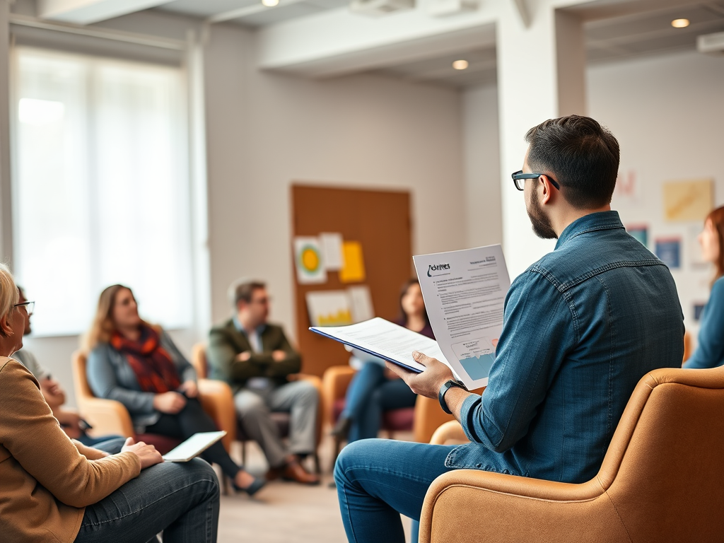 A group meeting in a bright room, with a man holding documents and discussing with seated participants.