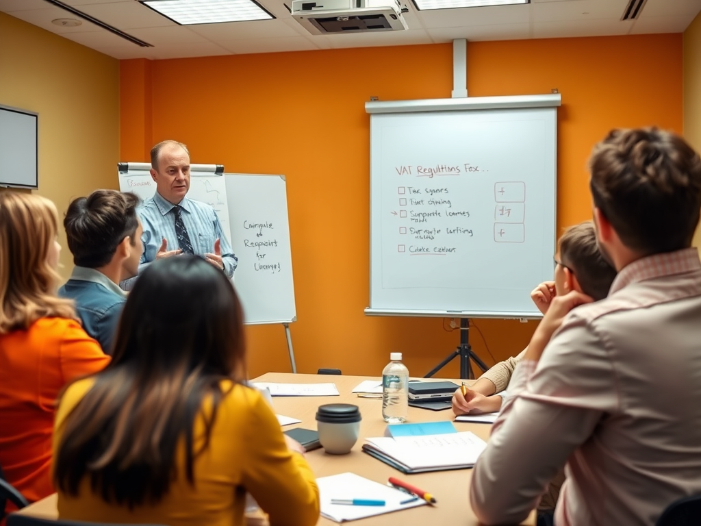 A presenter discusses VAT regulations to an engaged audience in a conference room setting.