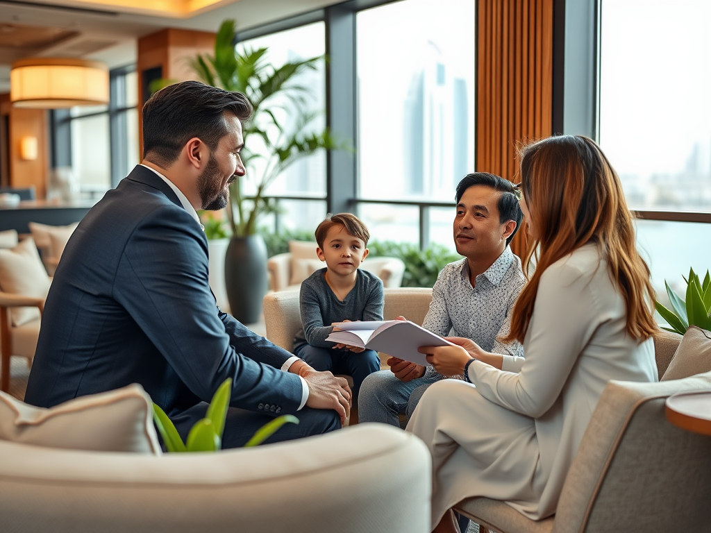 A business meeting involving a man in a suit, two adults, and a child in a modern, stylish lounge setting.