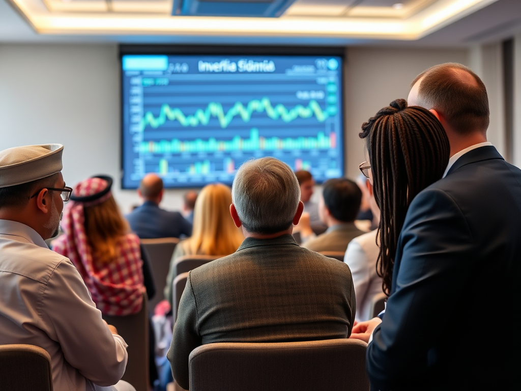 A diverse audience attentively views a presentation on financial trends displayed on a screen.