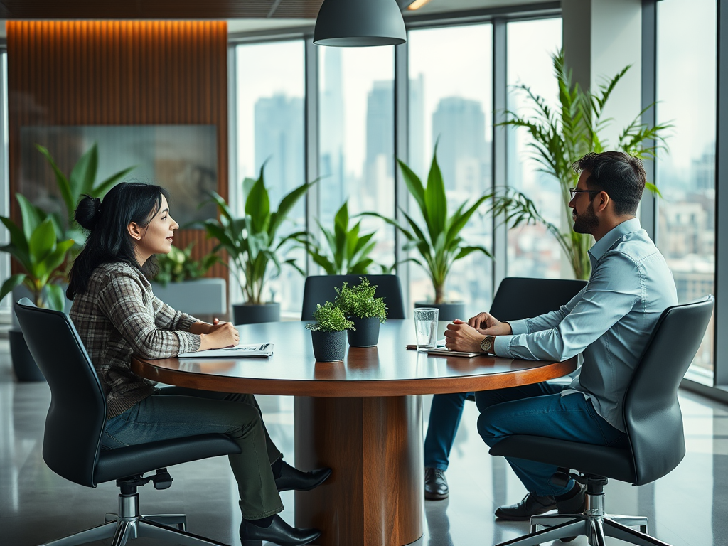 Two professionals engage in a conversation during a meeting at a modern office, surrounded by plants and city views.