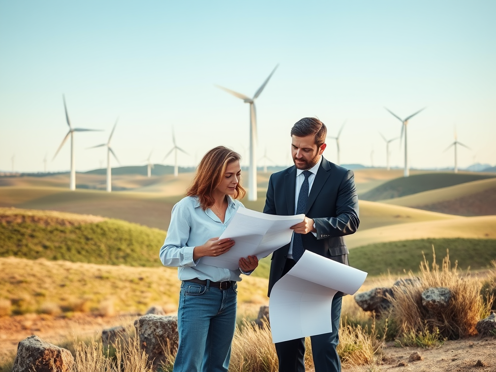 A man in a suit and a woman in casual attire review documents outdoors, with wind turbines in the background.