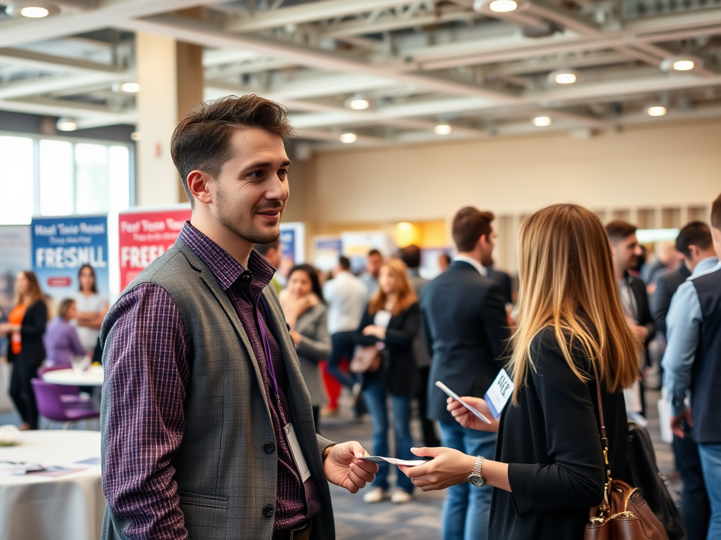 Two professionals engage in conversation at a networking event, surrounded by a busy atmosphere and informational banners.