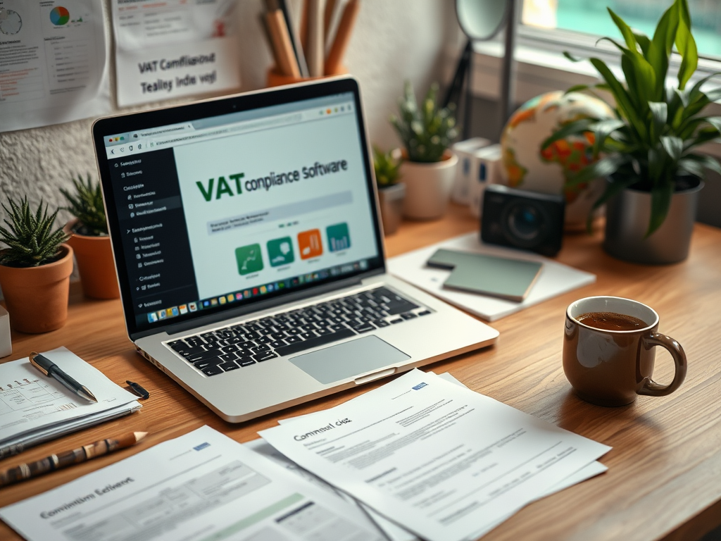 A laptop displaying "VAT compliance software" on a desk with papers, a mug of coffee, and plants.