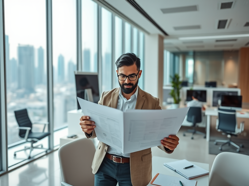 A man in a suit holds documents while standing in a modern office with large windows and a city view.