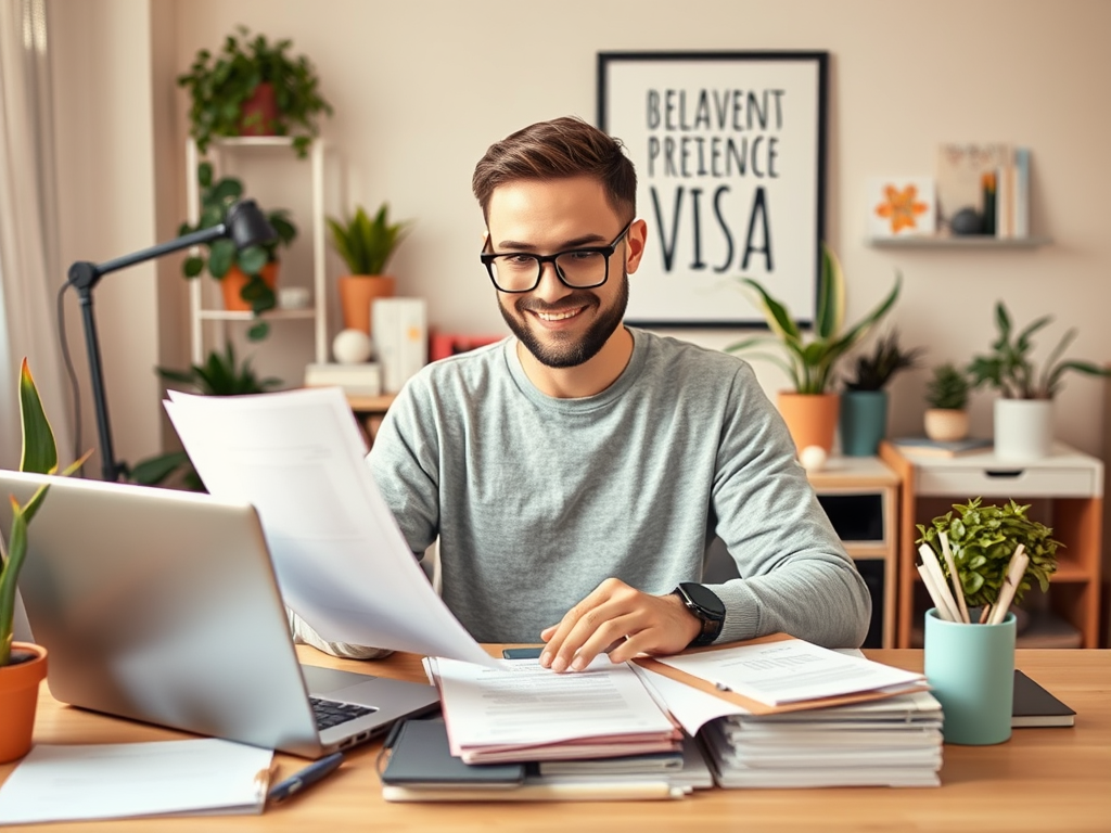 A smiling man in a gray sweater reviews documents at a desk surrounded by plants and a laptop.