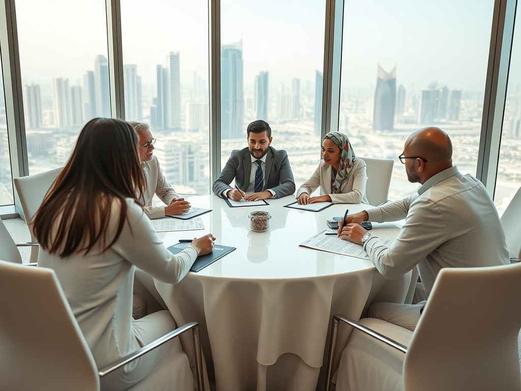 A diverse group of professionals engaged in a meeting around a table with a city skyline in the background.