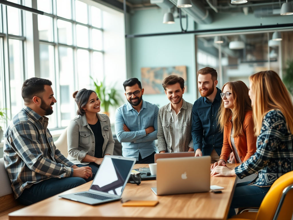 A group of eight young professionals smiles and engages in discussion around a laptop in a bright office space.