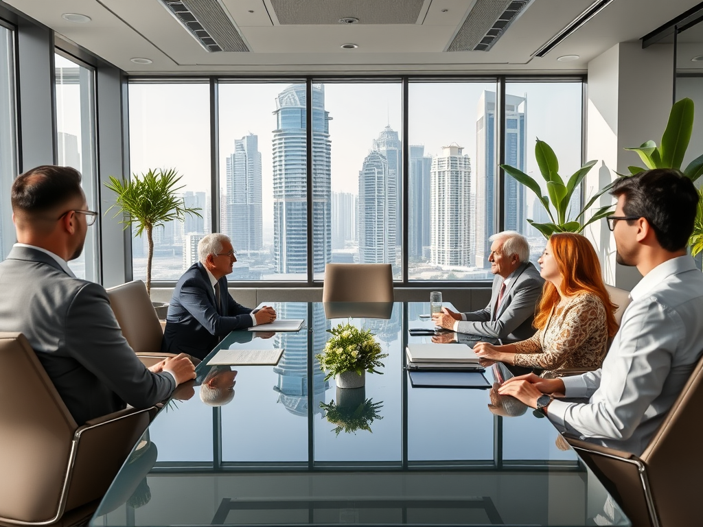 A business meeting in a modern conference room with city skyline views, featuring five professionals in discussion.