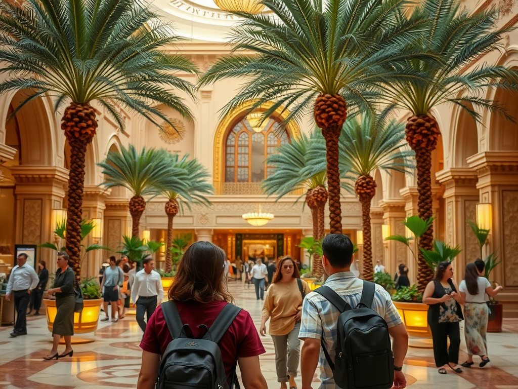 A spacious atrium with palm trees, people walking, and ornate architecture in a luxurious setting.