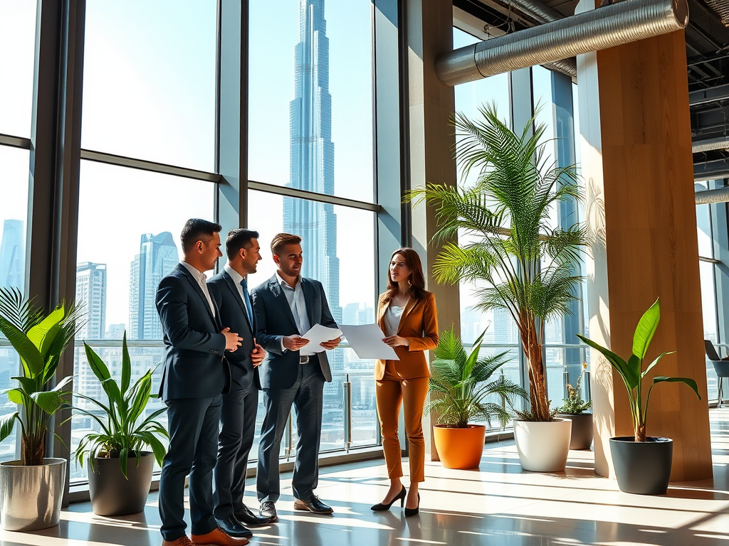 Four professionals discuss documents in a modern, sunlit office with plants and a city skyline visible outside.